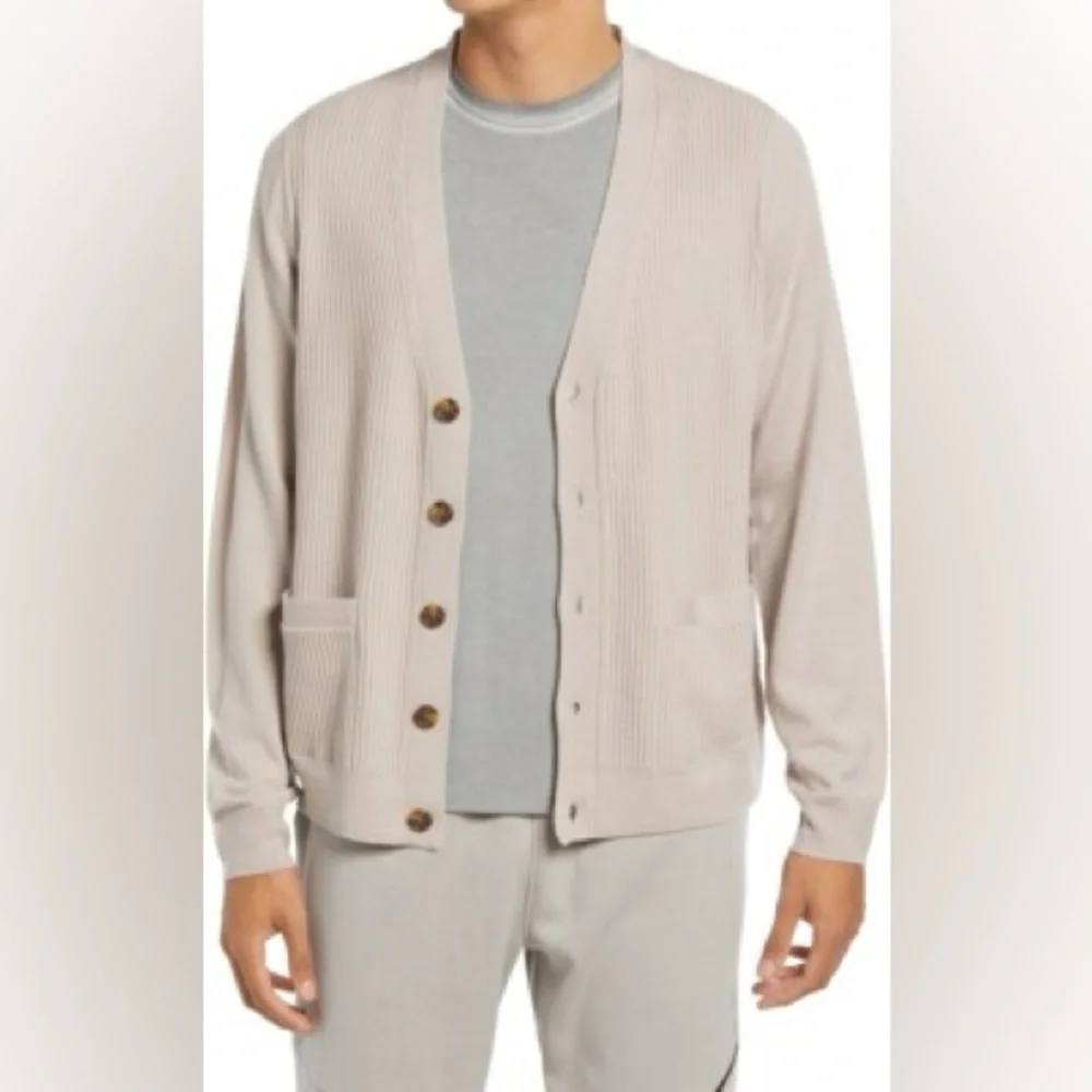 NEW ATM Men's ribbed front buttons Merino wool cardigan in Beige - Size XL